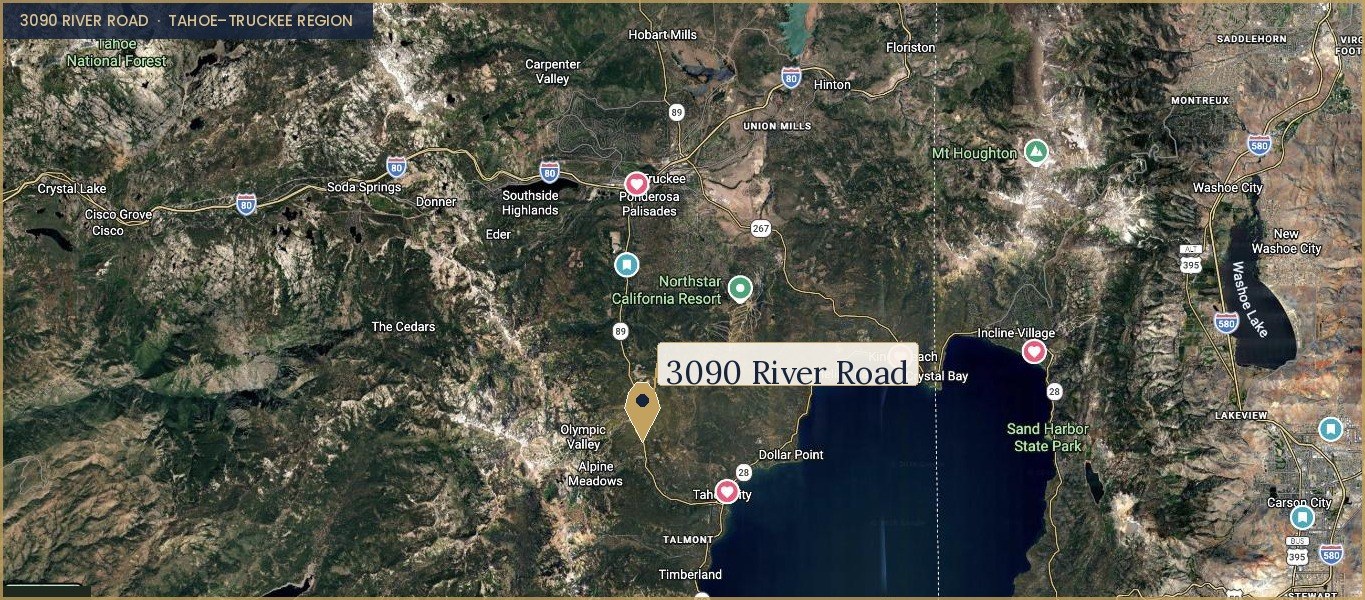 Map showing 3090 River Road's location near Olympic Valley, Palisades Tahoe, Tahoe City, and Truckee/I-80